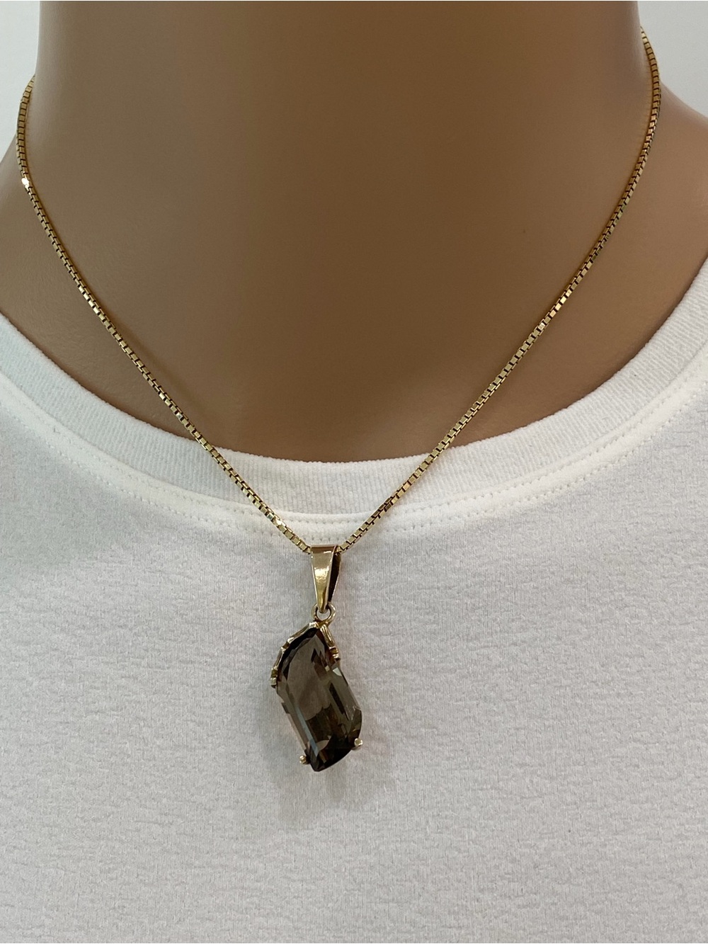 Gorgeous 14K Gold Smokey Quartz Crystal-Cut Pendant, Bamboo-Inspired Detail